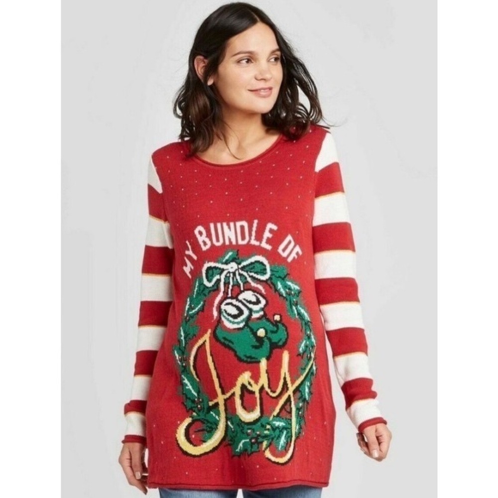 Isabel Maternity Red~White~Green Ugly Christmas Sweater “Bundle Of Joy” Medium